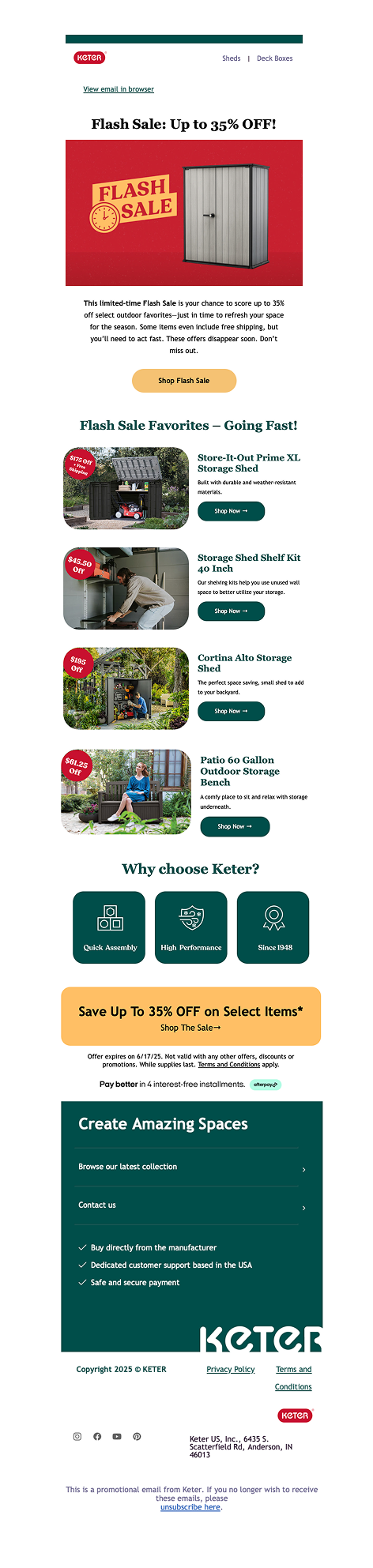 Keter campaign email with modular product sections and trust badges
