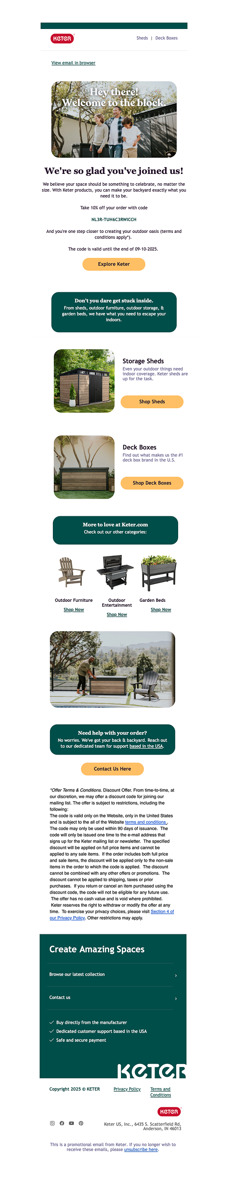 Keter welcome email introducing the product categories